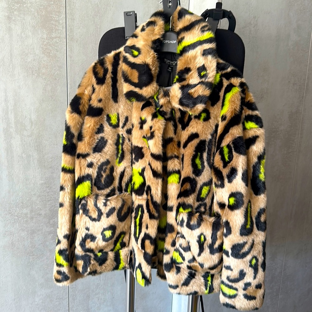 Top Shop Multi Leopard Faux Fur Jacket Coat Brand New with Tags